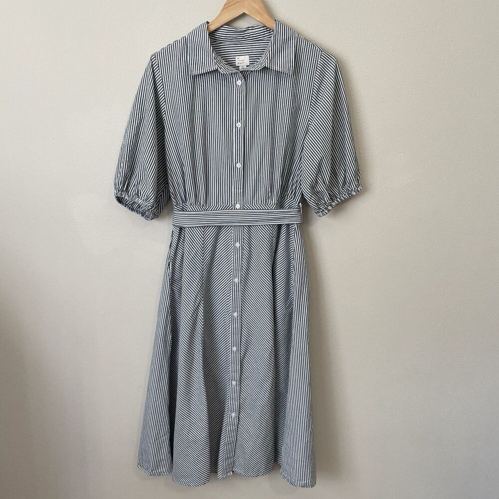 A New Day Poplin Midi Shirt Dress Women’s M Green Striped Balloon Sleeve